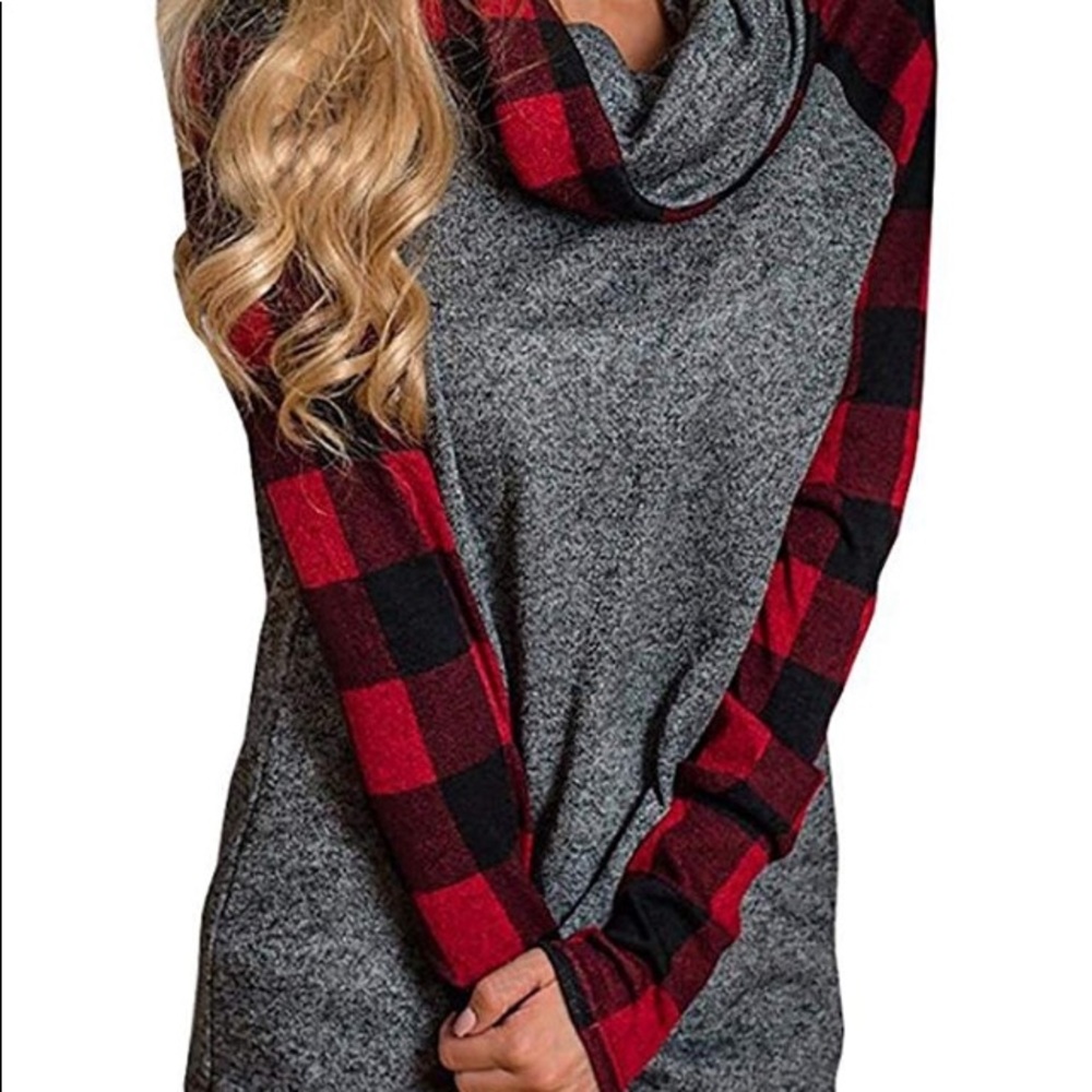 Womens Turtleneck Cowl Neck Tops Plaid Patchwork